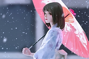雨伞 雪 女孩白色连衣裙 和服 带鱼屏壁纸