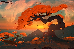 秋天 山 树叶 夕阳 大海 唯美4k风景壁纸