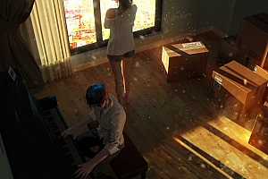 女孩背影 男孩钢琴 房间 箱子 光 插画 4k动漫壁纸